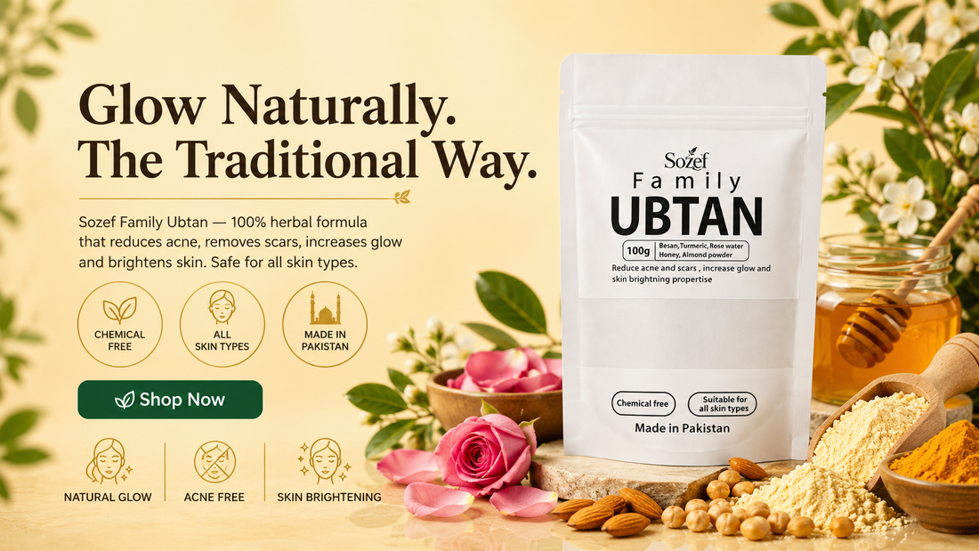 Sueh Family Ubtan packaging with natural ingredients and promotional text on a beige background.