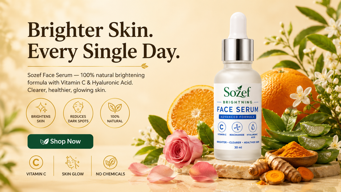 Sozef Face Serum bottle with natural ingredients and promotional text on a light background